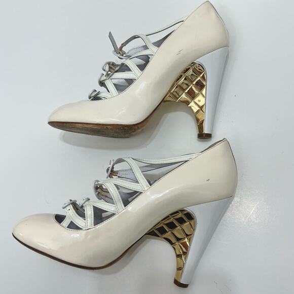 Chanel Buckle Mary Jane Wedge Pumps White Patent Leather Pumps | 39/US 8-8.5 - Picture 6 of 13